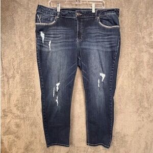 Maurices Womens Plus 20 Distressed Dark‎ Wash Straight Leg Embroidered Jeans